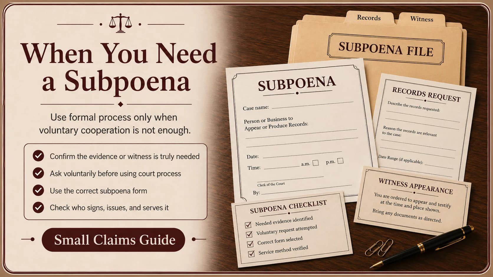 Subpoena form, records request, and checklist illustrating when formal process is needed to compel evidence or a witness