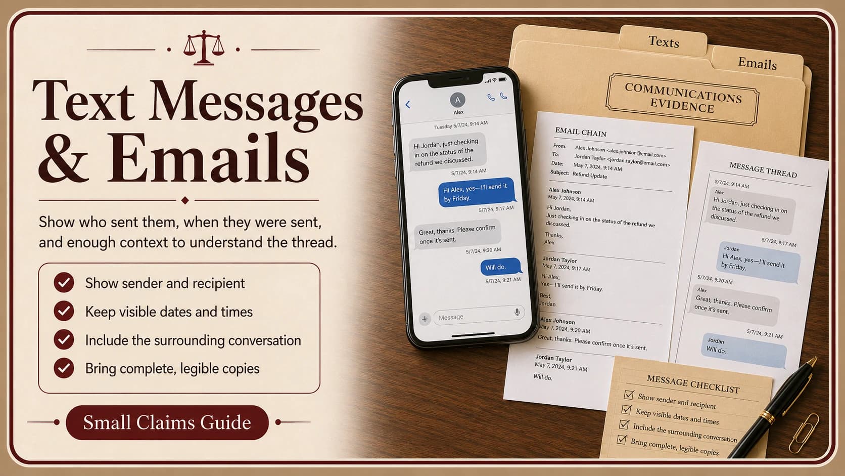 Phone text thread alongside a printed email chain and message log showing how to prepare texts and emails as evidence