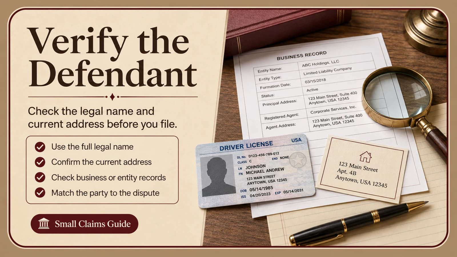 Defendant verification checklist with legal name, current address, business records, and identity details before filing a small claims case