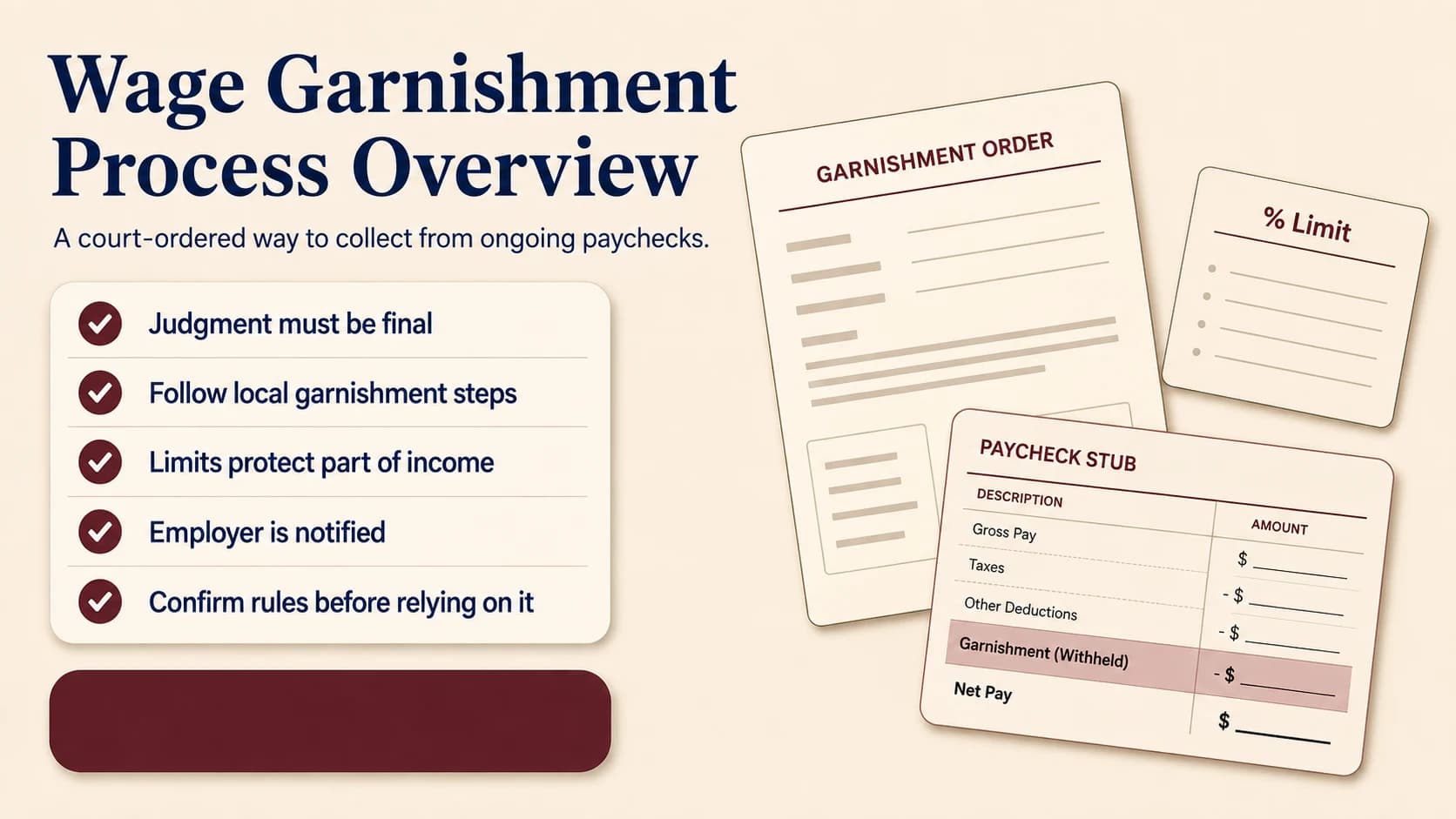 A blank garnishment order form next to a percent-limit card and a paycheck stub showing a highlighted garnishment line