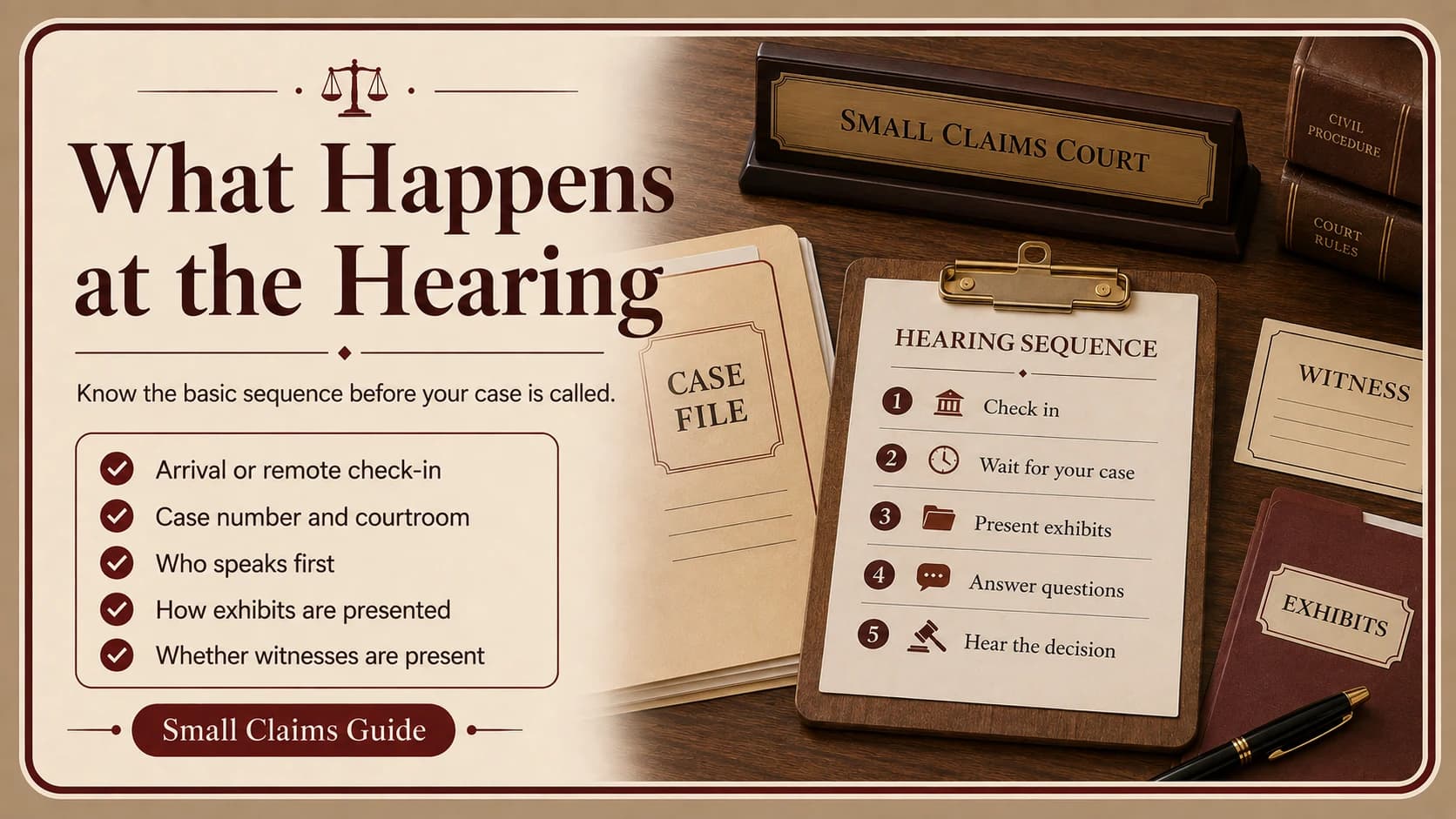 Numbered hearing sequence card covering check-in, waiting, presenting exhibits, answering questions, and the decision