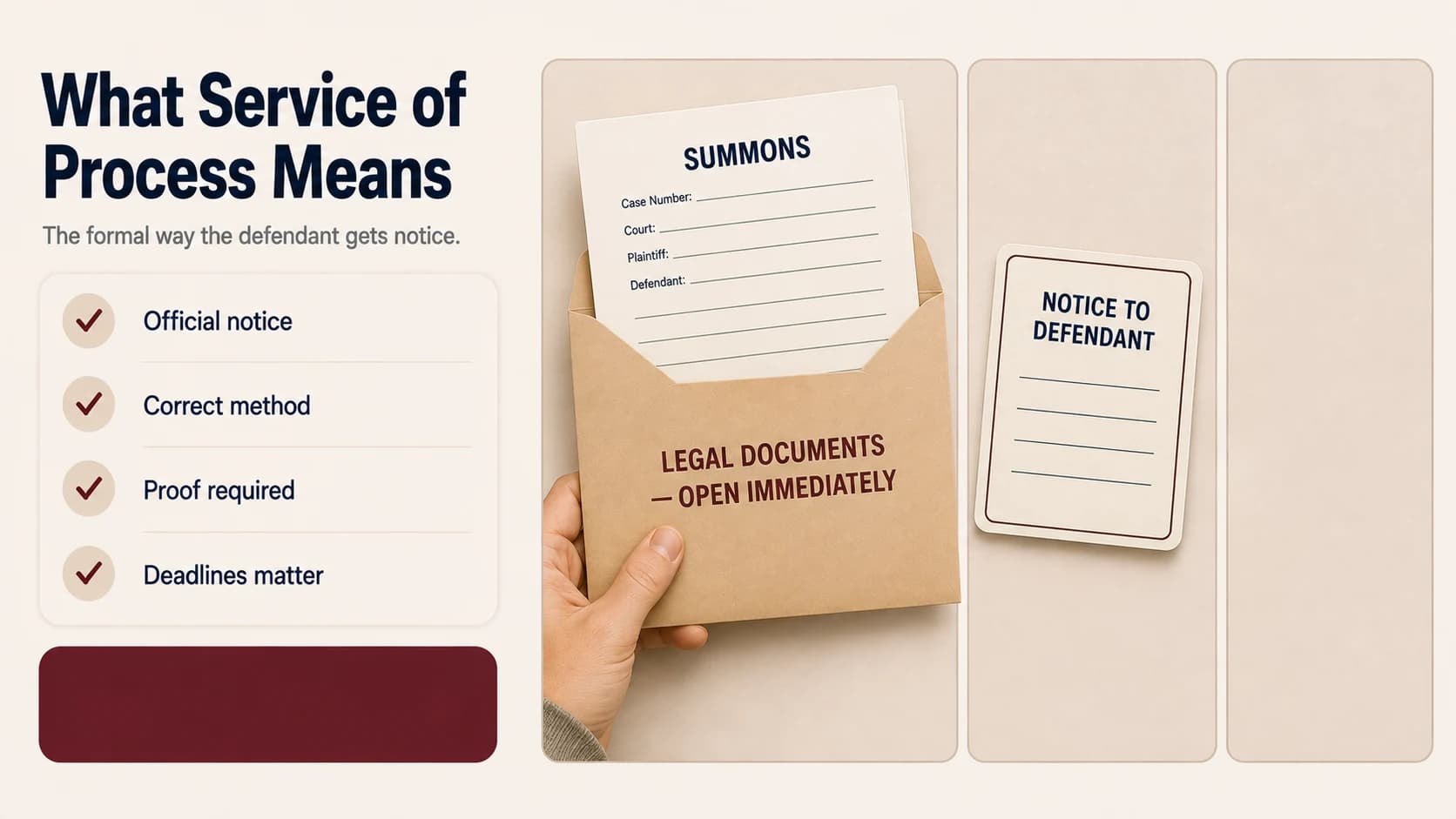 A hand holding an envelope marked legal documents open immediately with a blank summons cover sheet and a notice to defendant card
