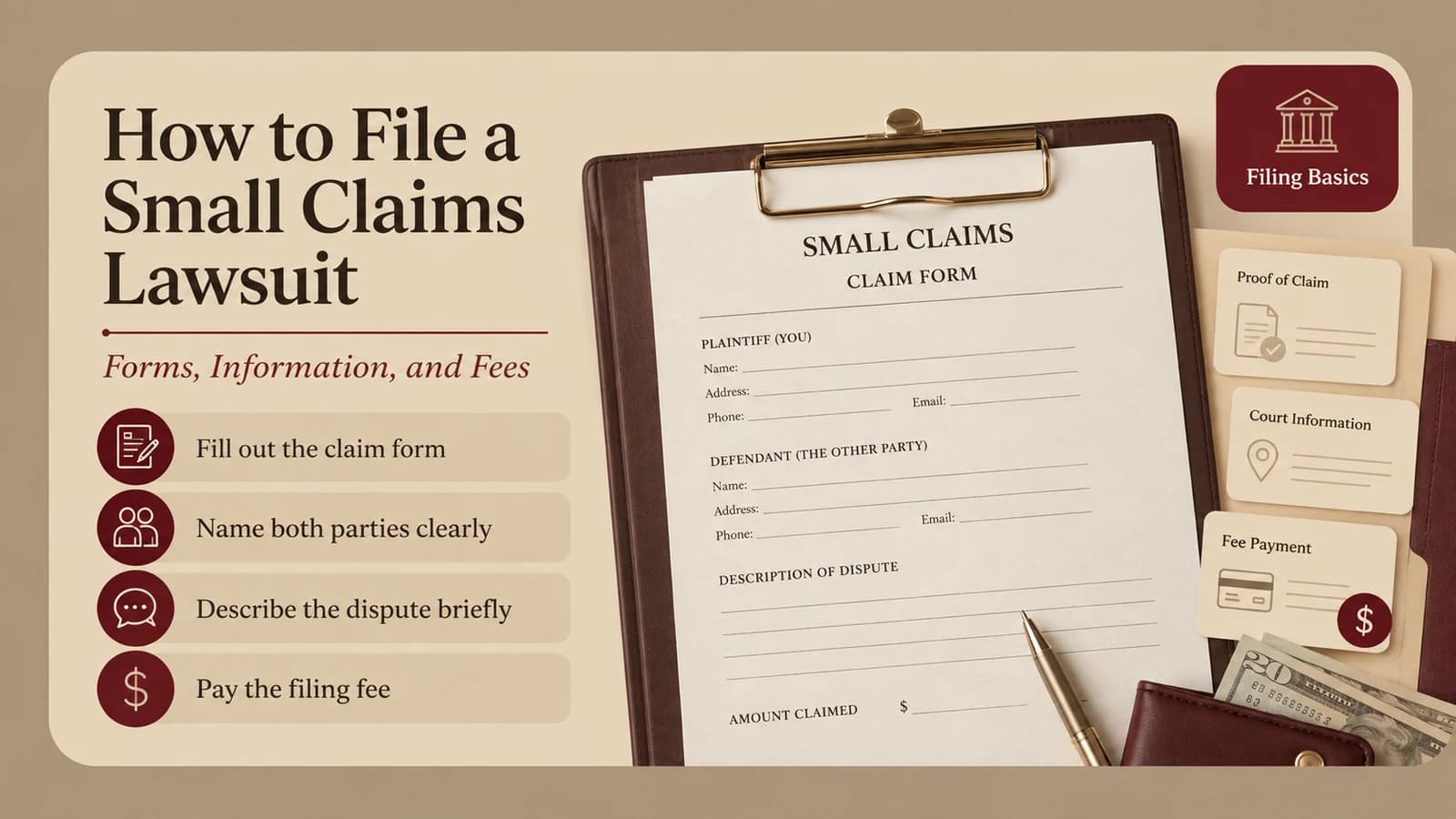 Small claims claim form showing the basic information, parties, dispute description, amount claimed, and filing fee