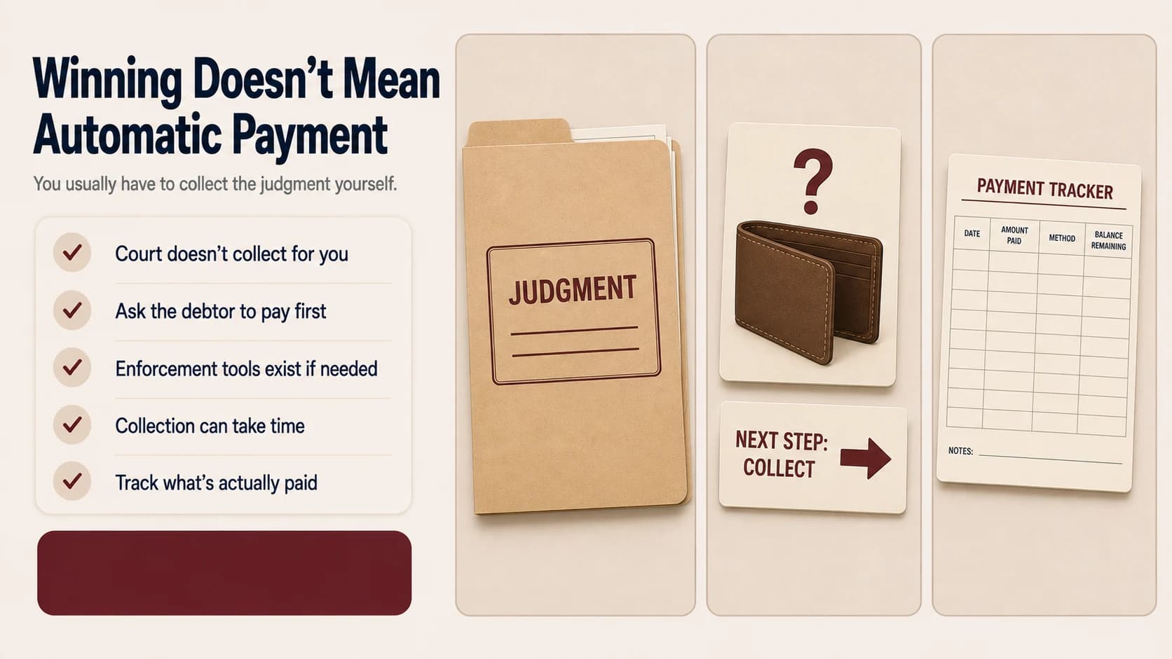 A judgment folder next to an empty wallet card with a question mark and a next-step-collect arrow pointing to a payment tracker