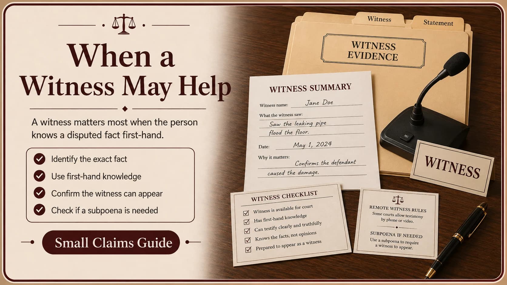 Witness summary form and checklist covering first-hand knowledge, availability, and subpoena needs for a small claims witness