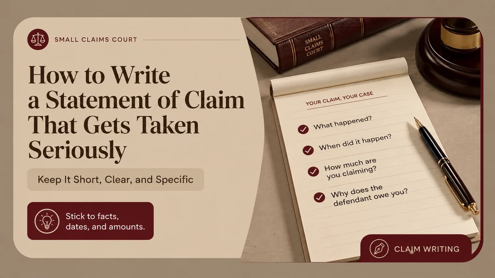 Claim-writing worksheet emphasizing a short, clear statement with facts, dates, amount claimed, and why the defendant owes money
